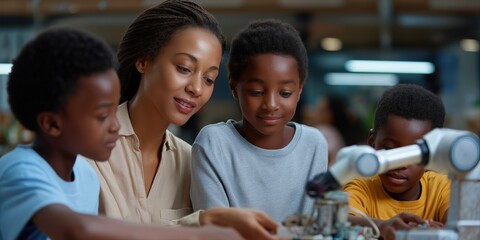 African female adult guiding three african male children in robotics workshop