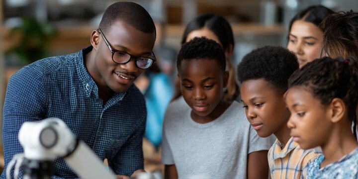 African male teacher engaging with diverse young students in robotics class