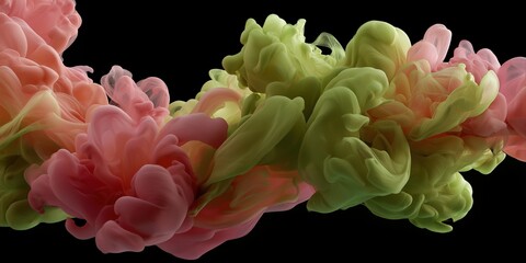 Obraz premium Vibrant abstract swirl of pink and green smoke plumes against black background