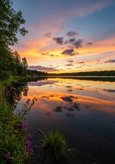 Fototapeta premium Vibrant Sunset Reflecting on Calm Lake Water