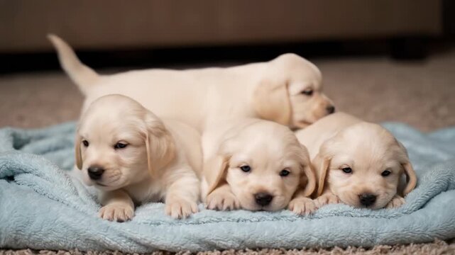 Adorable Golden Retriever Puppies Huddled Together - Four fluffy golden retriever puppies cuddle together on a soft blue blanket. The puppies are young and appear to be resting comfortably.