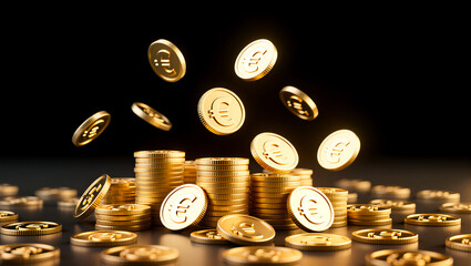 Golden Euro Coins Falling and Piling Up