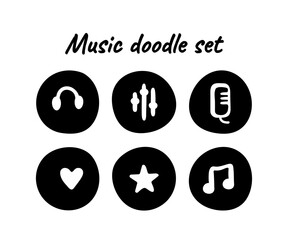 Hand drawn doodle music icons. Microphone, headphones, equalizer, notes, star, heart in fun cartoon sketch style. Perfect for podcast, app interface, audio playlist, web, creative projects. Round