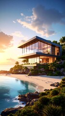 Fototapeta premium Modern beachfront house at sunset
