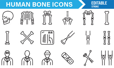 Human bone anatomy icon collection in outline style with orthopedic symbols and skeletal structure