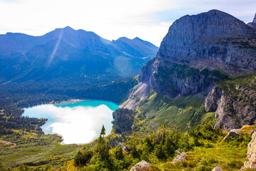 Fototapeta premium Turquoise Grinnell lake from the Grinnell trail at Many Glacier