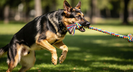 German shepherd dog playing with colorful rope toy jumping in park grass. Pet exercise and interactive toys for dog training services and outdoor recreation marketing