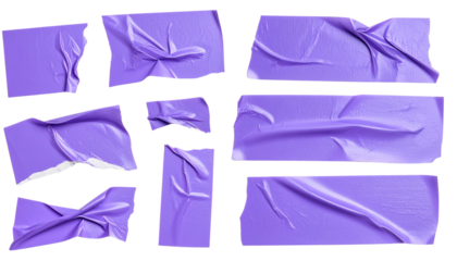 Set of Wrinkled torn Purple Adhesive Tape Strips Isolated on Transparent Background