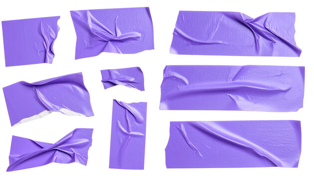 Set of Wrinkled torn Purple Adhesive Tape Strips Isolated on Transparent Background