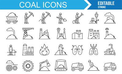Vector stroke coal icons pack with geology, infrastructure, factory, shovel, and heavy machinery