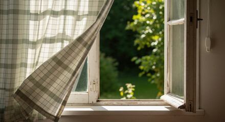 Open window with checkered curtains blowing in breeze showing green garden view. Home ventilation and fresh air for interior design and window treatment marketing
