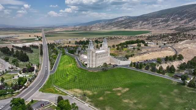 Aerial Manti Utah LDS Temple mountain Valley pull.  The Church of Jesus Christ of Latter-day Saints, LDS, Mormon religion. Pioneer built construction. Complete in 1888 Christian religious.