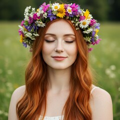 Naklejka premium Portrait of a Redhaired Woman in Flower Crown Outdoors