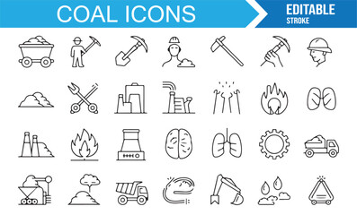 Modern stroke coal icons featuring extraction, excavation, production, and factory equipment