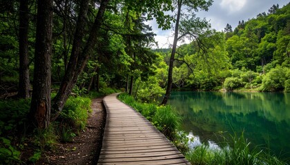 Obraz premium A tranquil forest boardwalk winds beside a calm lake, surrounded by pine trees and sunlit greenery—evoking serenity and connection with nature.