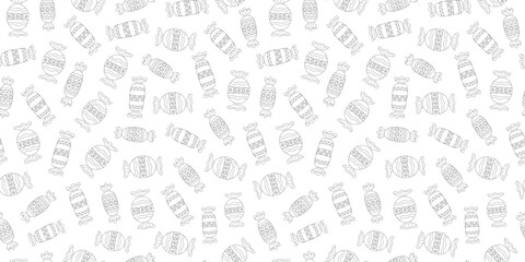 Candy pattern. Hand drawn food, dessert. Seamless background. Sweets day. Candies in wrappers with ornament, lollipops, caramel, chocolate. The sweetest day. Confectionery, doodle, sketch, drawing.