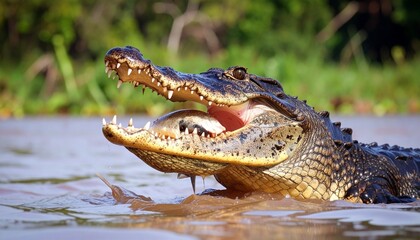 Obraz premium A caiman captures a bird mid-hunt in muddy water, showcasing raw predator-prey interaction and the intensity of survival in the wild.