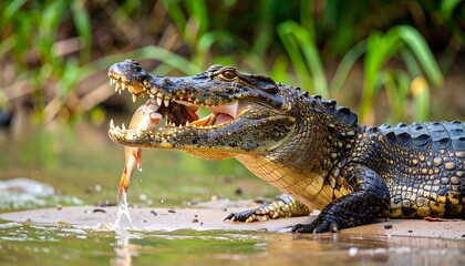 Fototapeta premium A caiman captures a bird mid-hunt in muddy water, showcasing raw predator-prey interaction and the intensity of survival in the wild.