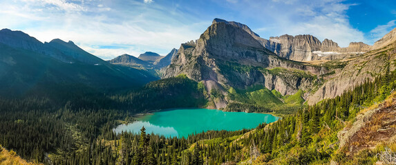 Scenic close up view of vivid turquoise Lake Grinnell at More Glacier
