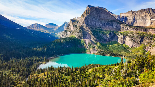 Scenic close up view of vivid turquoise Lake Grinnell at More Glacier