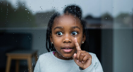 African american girl with finger to lips behind rain drops on glass window. Childhood curiosity and weather observation for educational programs and quiet moments campaigns