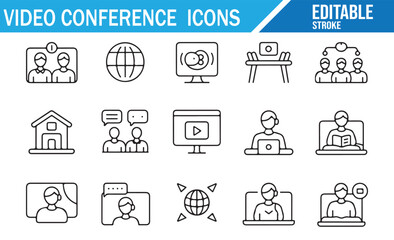 Fototapeta premium Video Conference and Virtual Meeting Icons, Editable Stroke Design