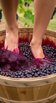 Woman stomping grapes in wooden barrel for winemaking outdoors  