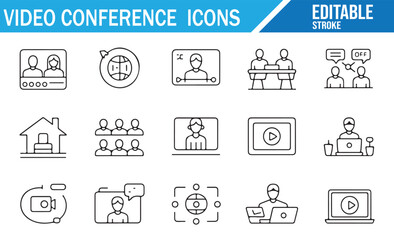 Icons for Video Conferences and Virtual Meetings, Editable Stroke Design