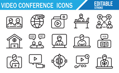 Set of Video Conference Icons for Online Communication and Meetings
