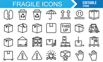 Shipping fragile icon set in line art style including handling, delivery, carton, and logistic marks