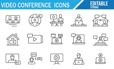 Editable Video Conference Icons Set for Online Meetings and Virtual Communication