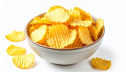 Ridged potato chips in bowl isolated on white background ,isolated on white background, ultrabright,