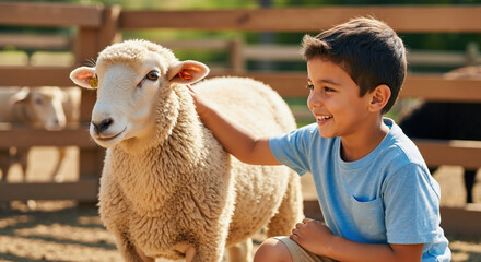 Young boy in blue shirt gently petting white sheep at farm during golden hour sunlight. Farm education concept for children animal interaction and agricultural learning experiences