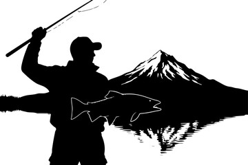 Mountain Lake Fishing Silhouette Design"