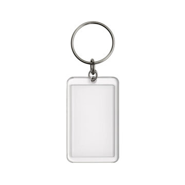 an acrylic keychain with a white background and a clear rectangular shape, with no text or design on the front, and space for one photo in an a6 format.