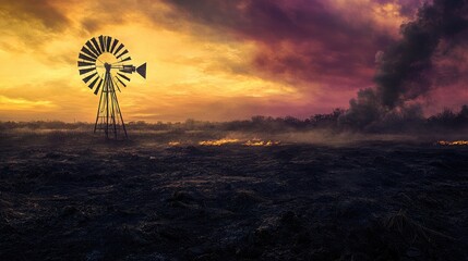Windmill Over Burnt Farmland with Smoke and Purple Sunset