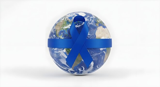 Earth globe wrapped with a blue ribbon symbolizing global awareness and support on white background