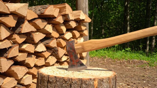 Axe in Wood Stump near Stack of Firewood - A weathered axe with a light brown wooden handle rests on a tree stump, next to a neatly stacked pile of firewood in a sunny forest setting.