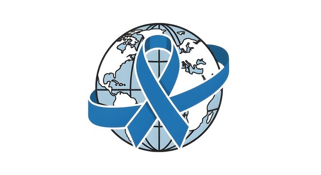 A blue ribbon wrapped around a globe symbolizing global awareness and support on a white background