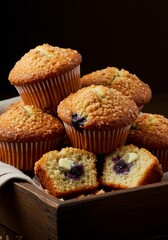 Golden Brown Blueberry Muffins with Creamy Filling in Rustic Wooden Box