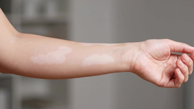 Vitiligo Patches on Woman's Arm - Close-up view of a woman's arm showcasing several depigmented patches characteristic of vitiligo. The patches are irregularly shaped and vary slightly in size.