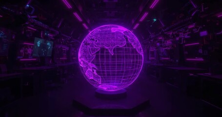 Powering purple holographic globe rotating eastward across world in neon lab, with lit consoles - Powered by Adobe