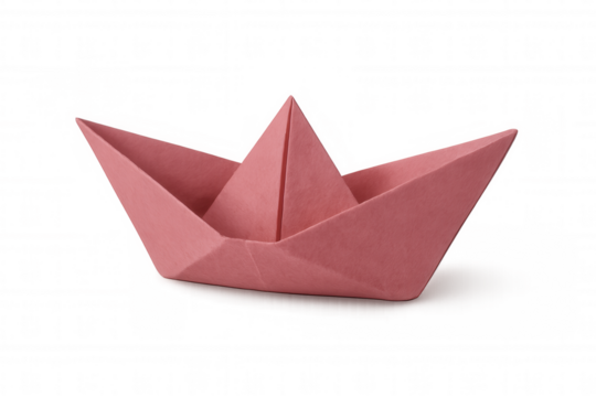 Pink origami paper boat on a transparent background, representing creativity, simplicity, and playful journey