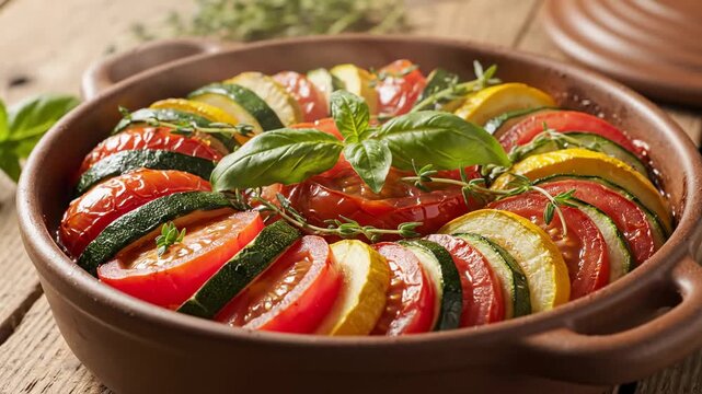 Ratatouille in Terracotta Dish - A rustic terracotta dish filled with a vibrant ratatouille, featuring layers of sliced tomatoes, zucchini, and yellow squash.