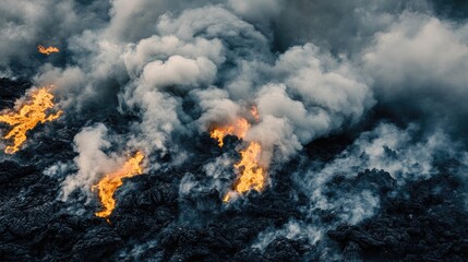 Molten Lava Flow with Thick Smoke and Fiery Cracks
