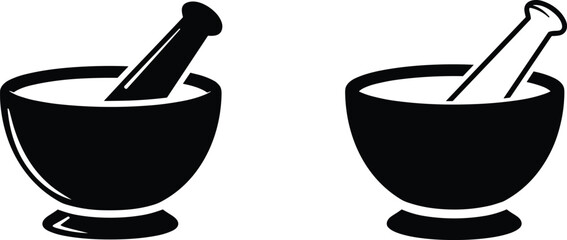 Black and white mortar and pestle illustration, traditional kitchen tool, herbal medicine grinder, cooking utensil, pharmacy equipment, spice crusher, vintage design