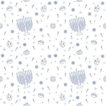 Hanukkah seamless line pattern with decorative hanukiah menorah, dreidels, coins and sufganiyah in festive outline design