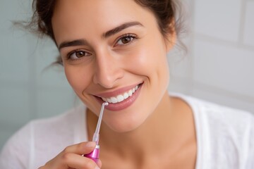 Happy woman showcasing her smile with a pink oral irrigator