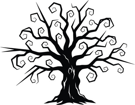 A gnarled and twisted tree silhouette, , evokes a spooky halloween atmosphere with its creepy branches and haunted forest vibe, creating an eerie and ominous scene