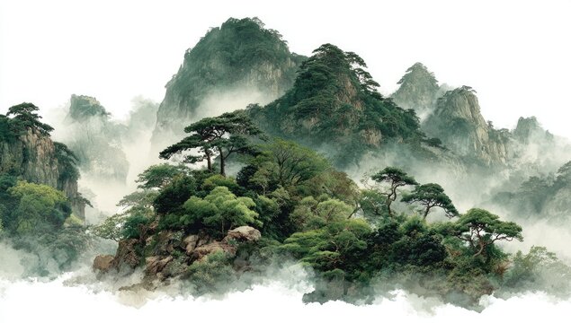 Misty mountain range, lush greenery, and rolling fog